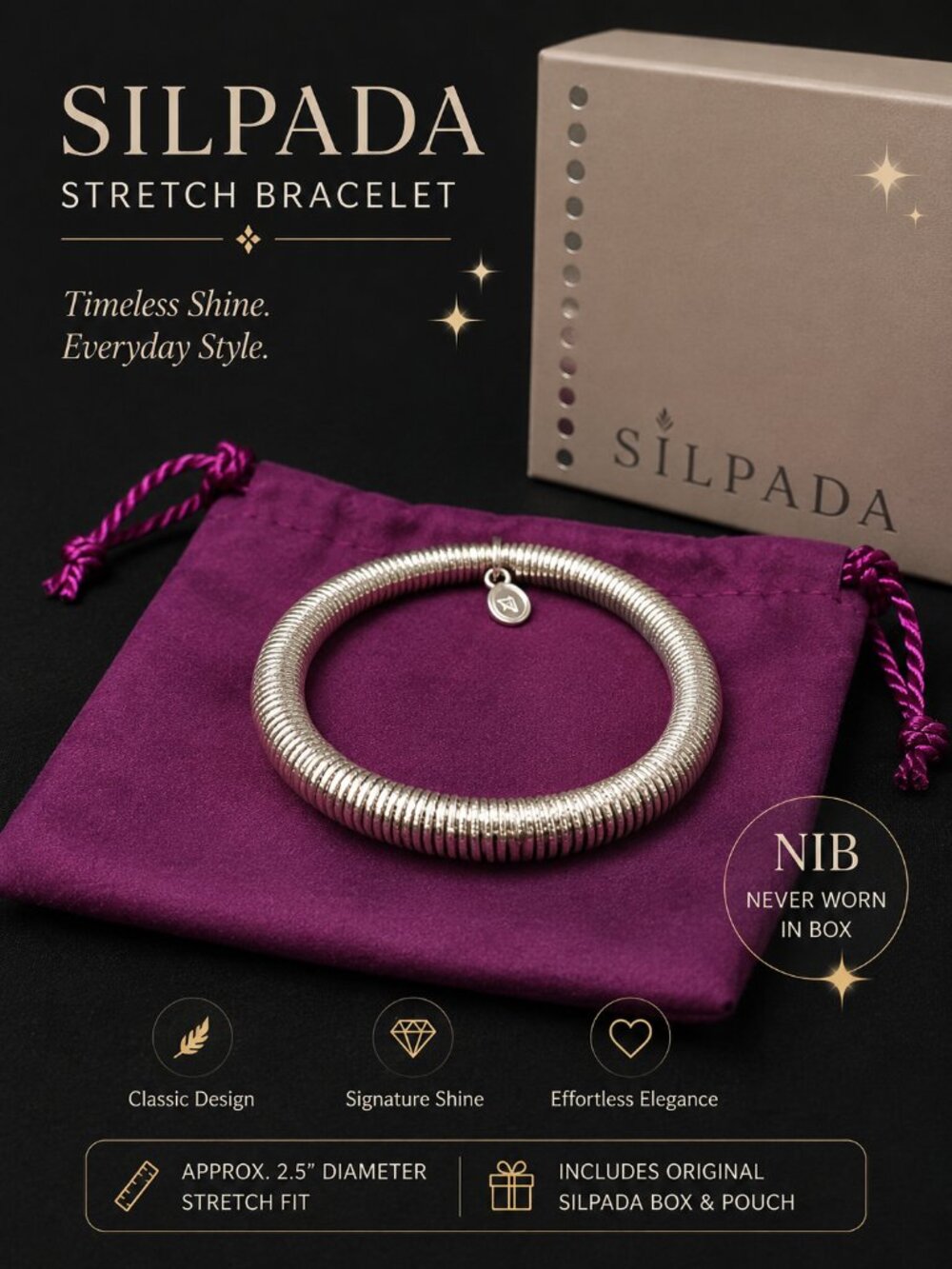 NIB Silpada Stretch Bracelet | Original Box & Pouch | Classic Ribbed Design